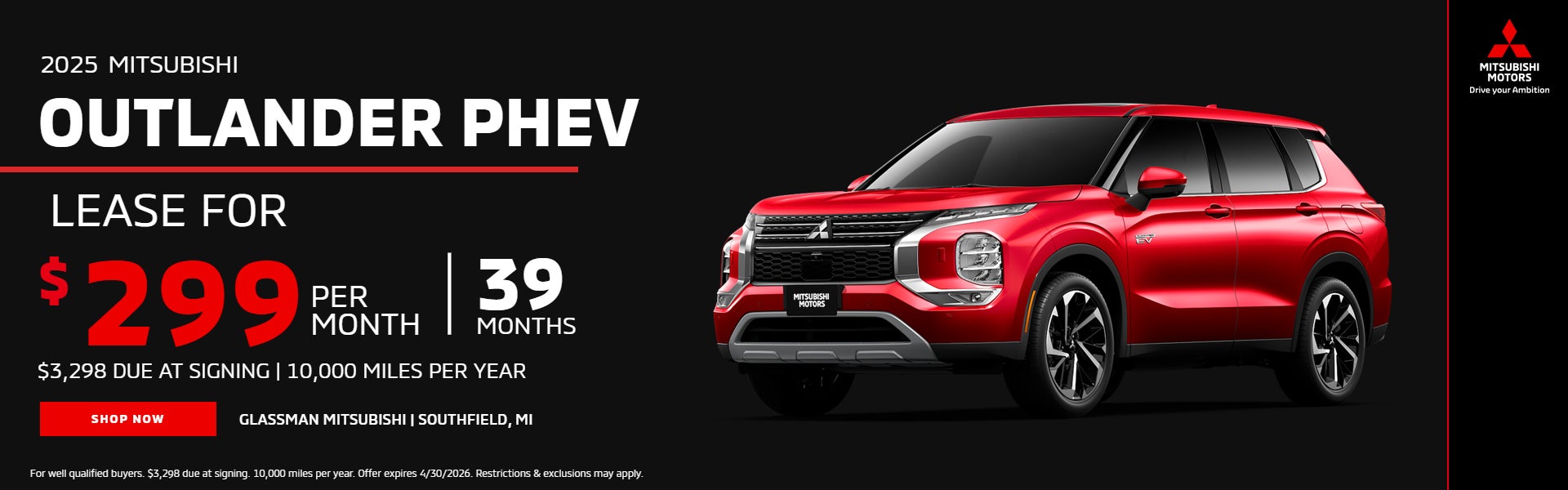 2025 OUTLANDER PHEV LEASE FOR $299/MO FOR 39 MONTHS