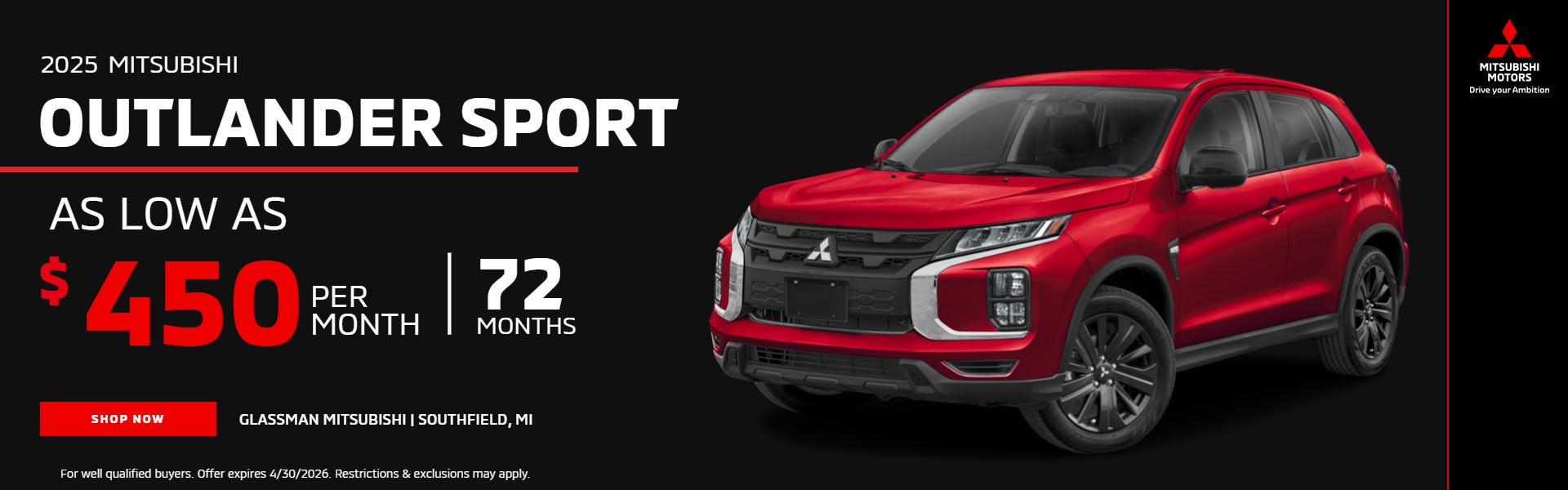 2025 OUTLANDER SPORT AS LOW AS $450/MONTH FOR 72 MONTHS