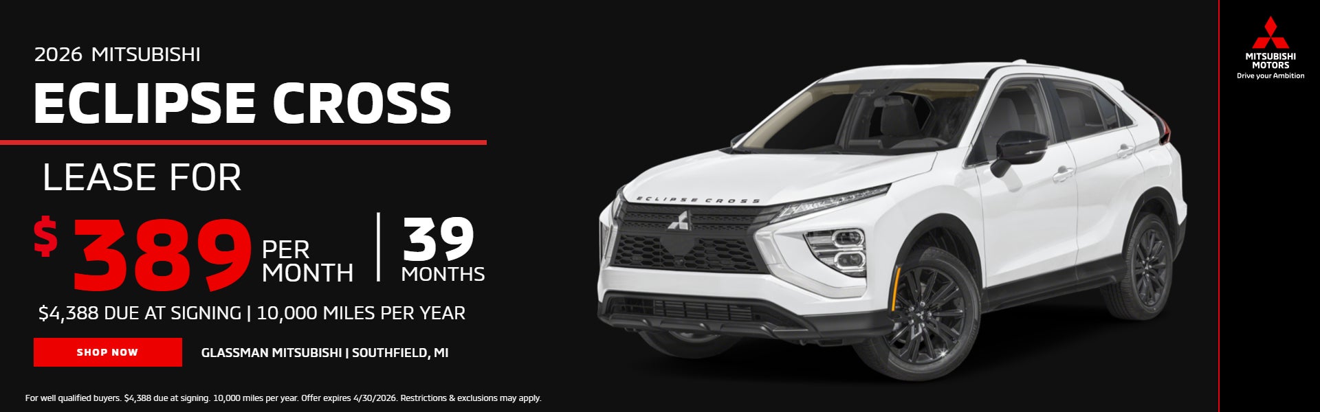 2026 ECLIPSE CROSS LEASE FO $389/MONTH FOR 39 MONTHS,