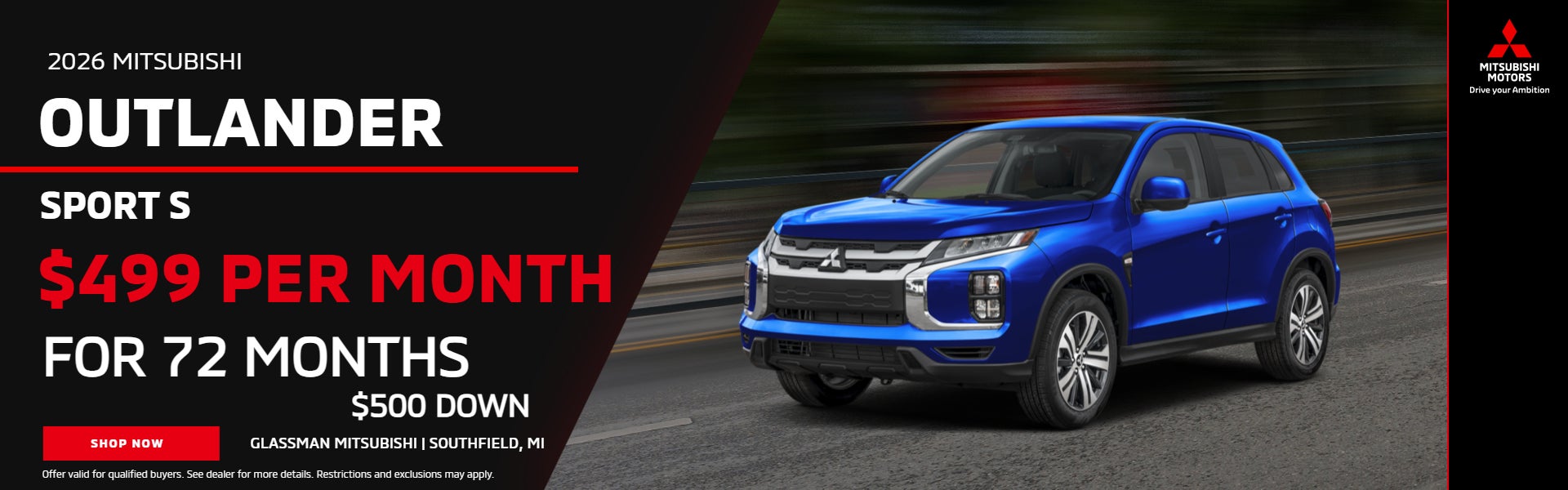 2026 Outlander Sport S $499/mo for 72 months